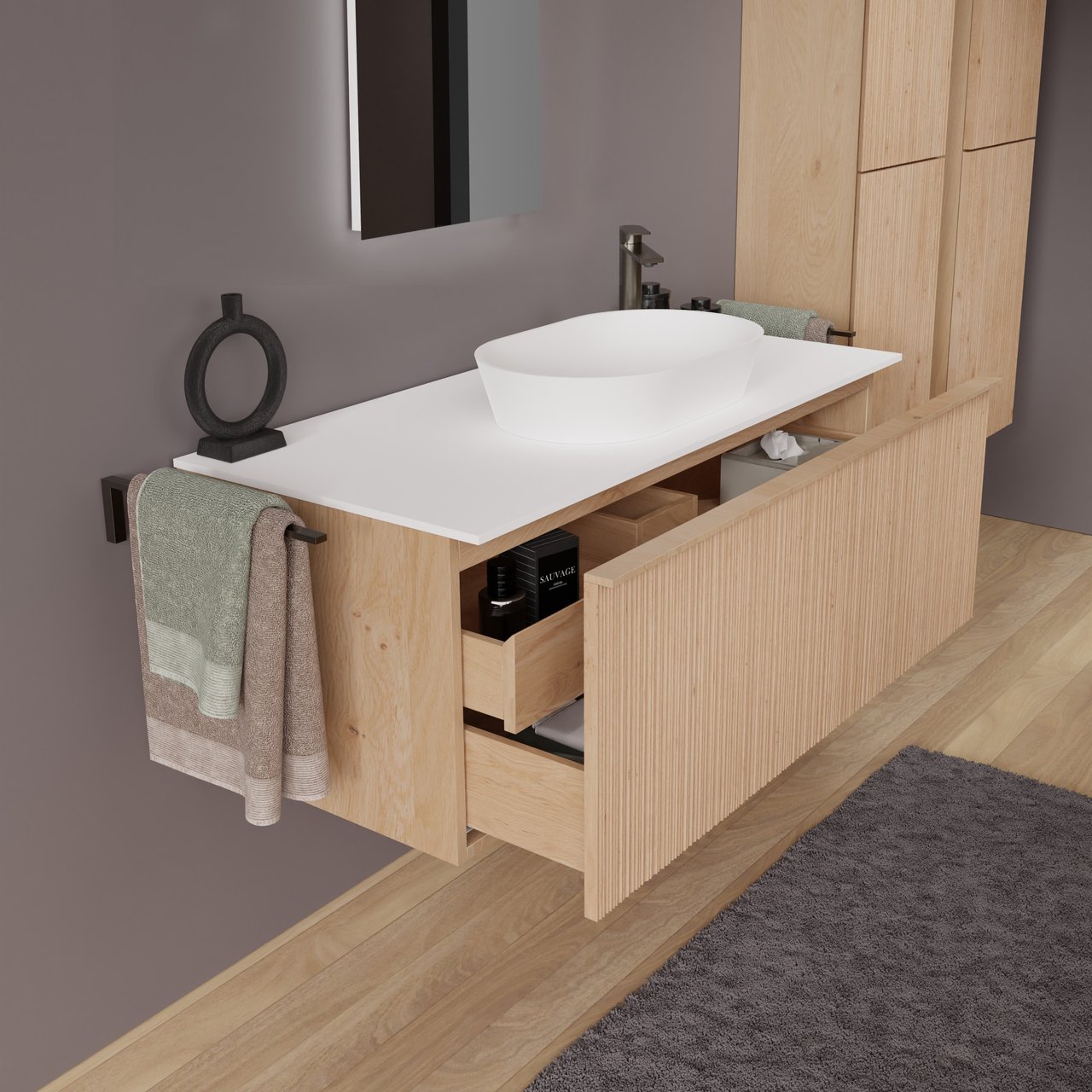 Balmani Forma zwevend badkamermeubel 120 x 55 cm natuur eik met Stretto enkel of dubbel tablet in solid surface mat wit, Verticale asymmetrische ronde ribbel