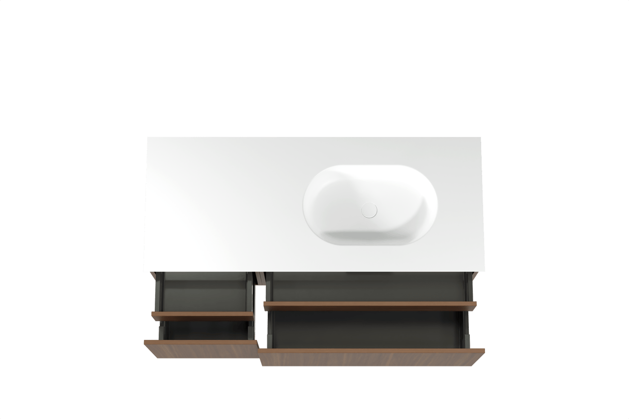 Balmani Sfera meuble salle de bains suspendu 135 x 55 cm noyer américain avec Tablo Oval plan vasque asymétrique à droite en solid surface blanc mat