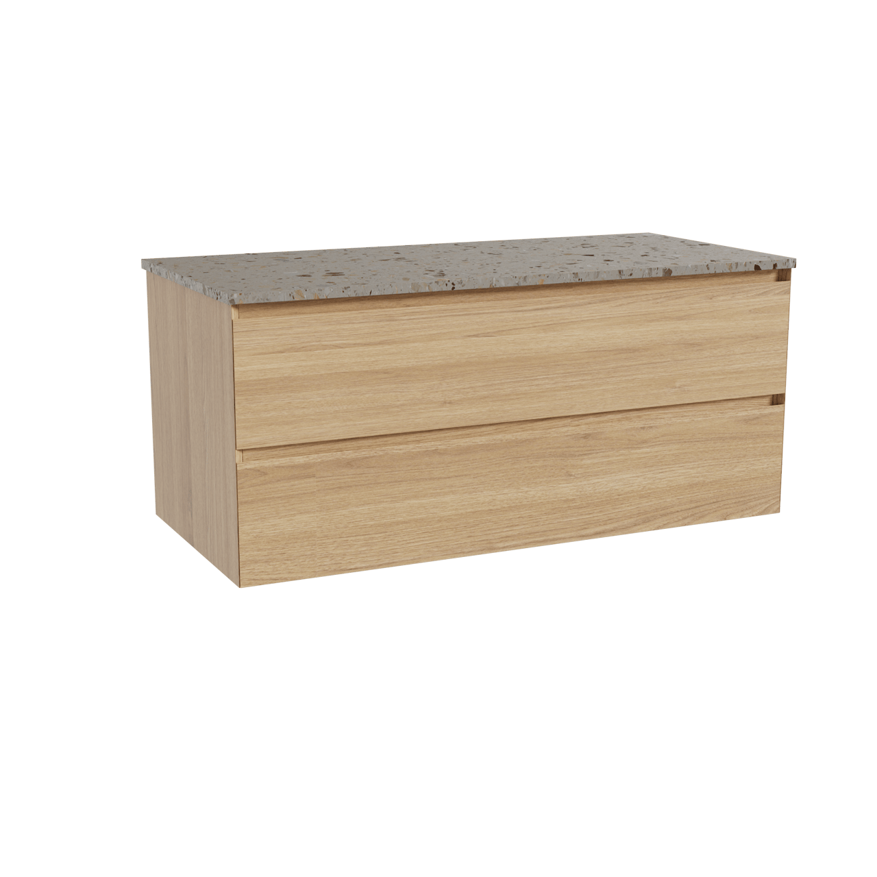 Balmani Mitra zwevend badkamermeubel 120 x 55 cm natuur eik met Stretto enkel of dubbel tablet in terrazzo greige terrazzo