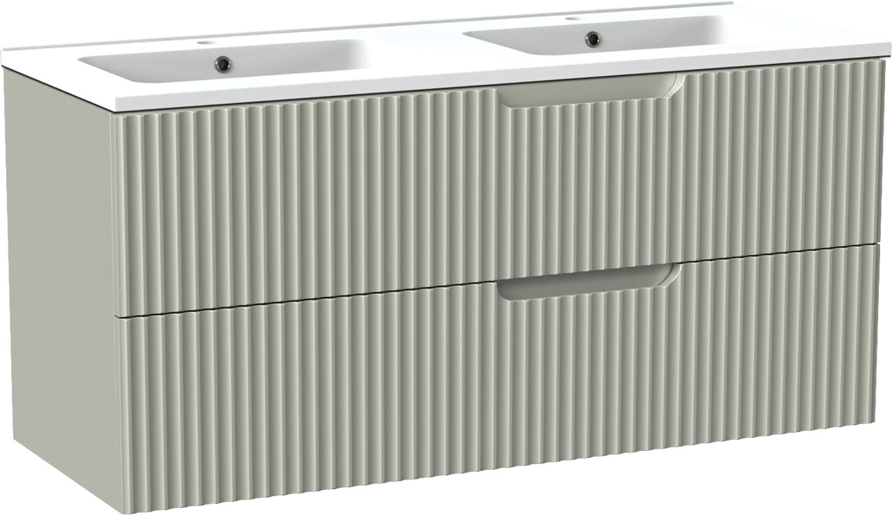 Linie Ribbo meuble salle de bains suspendu 120 x 46 cm greige avec Vano double vasque en marbre composite blanc mat, Nervure circulaire symétrique verticale