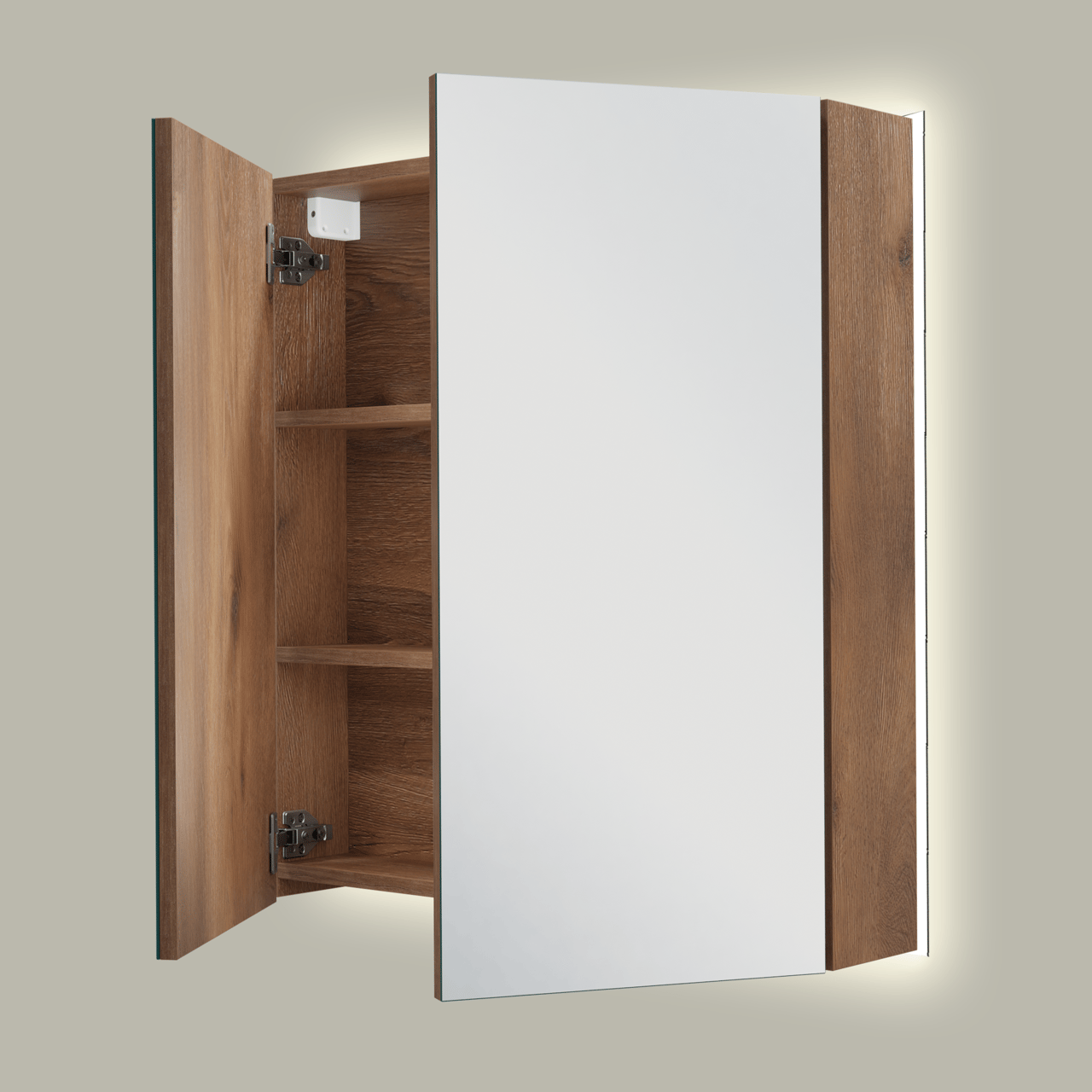 Linie Montro Spiegelschrank, 70 x 75 cm, braune Eiche, mit Spiegelbeleuchtung