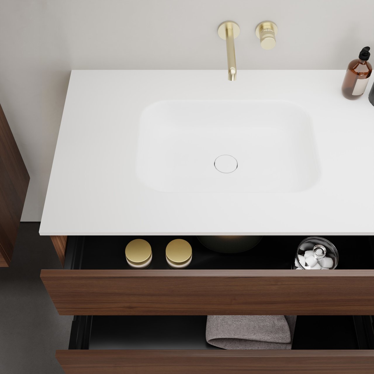 Balmani Lucida meuble salle de bains suspendu 150 x 55 cm noyer américain avec Tablo Arcato double vasque en solid surface blanc mat