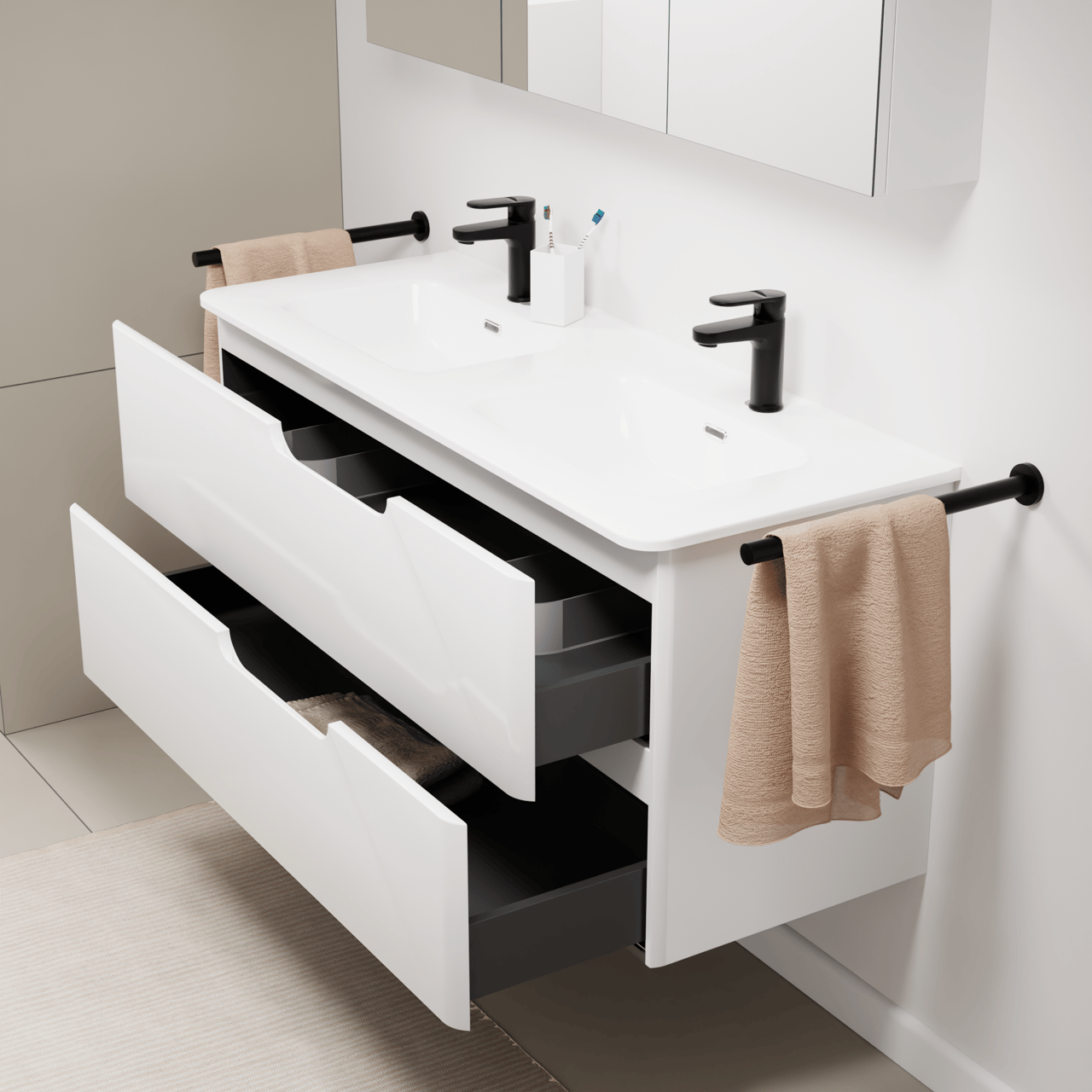 Linie Curvo hängendes Möbelstück Set: 120 x 46 cm, Weiβ glänzend, mit Baro Curvo Doppelwaschtisch Keramik Weiβ glänzend