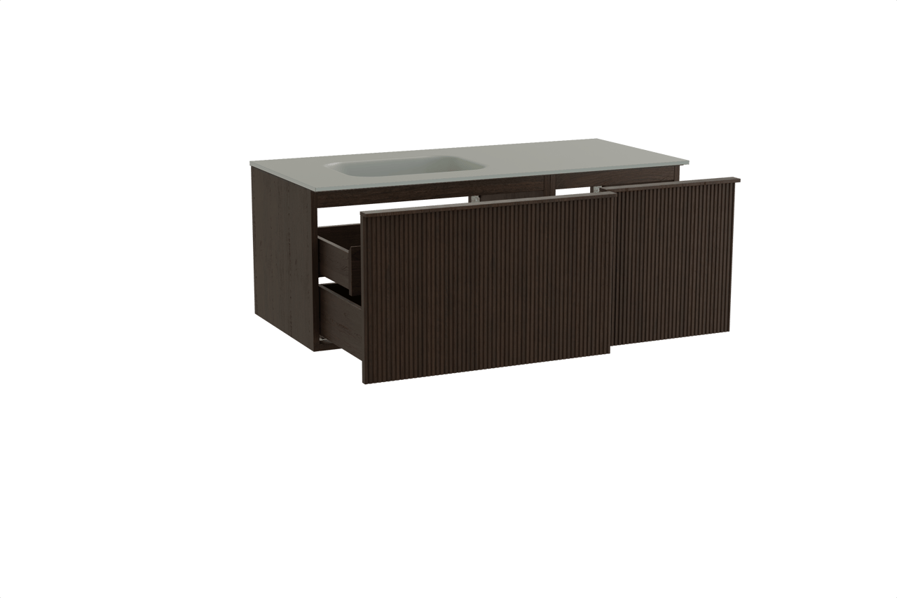 Balmani Forma zwevend badmeubel 120 x 55 cm gerookt eiken met Tablo Arcato asymmetrisch linkse wastafel in solid surface steengrijs, Verticale symmetrische rechte ribbel