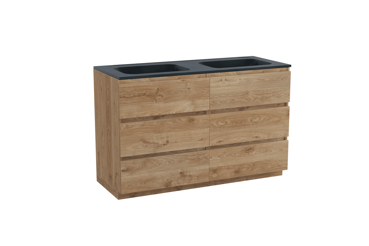 Balmani Lucida meuble salle de bains à poser 135 x 55 cm chêne brut avec Tablo Strada double vasque en marbre composite noir mat