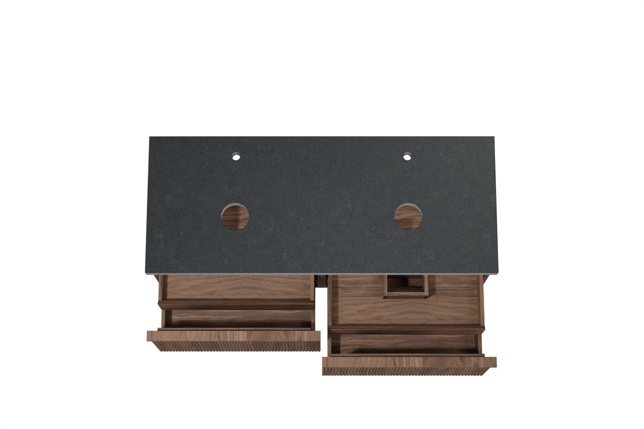 Balmani Forma zwevend badmeubel 135 x 55 cm amerikaans notenhout met Rock dubbel wastafelblad in zwart graniet, Verticale symmetrische rechte ribbel