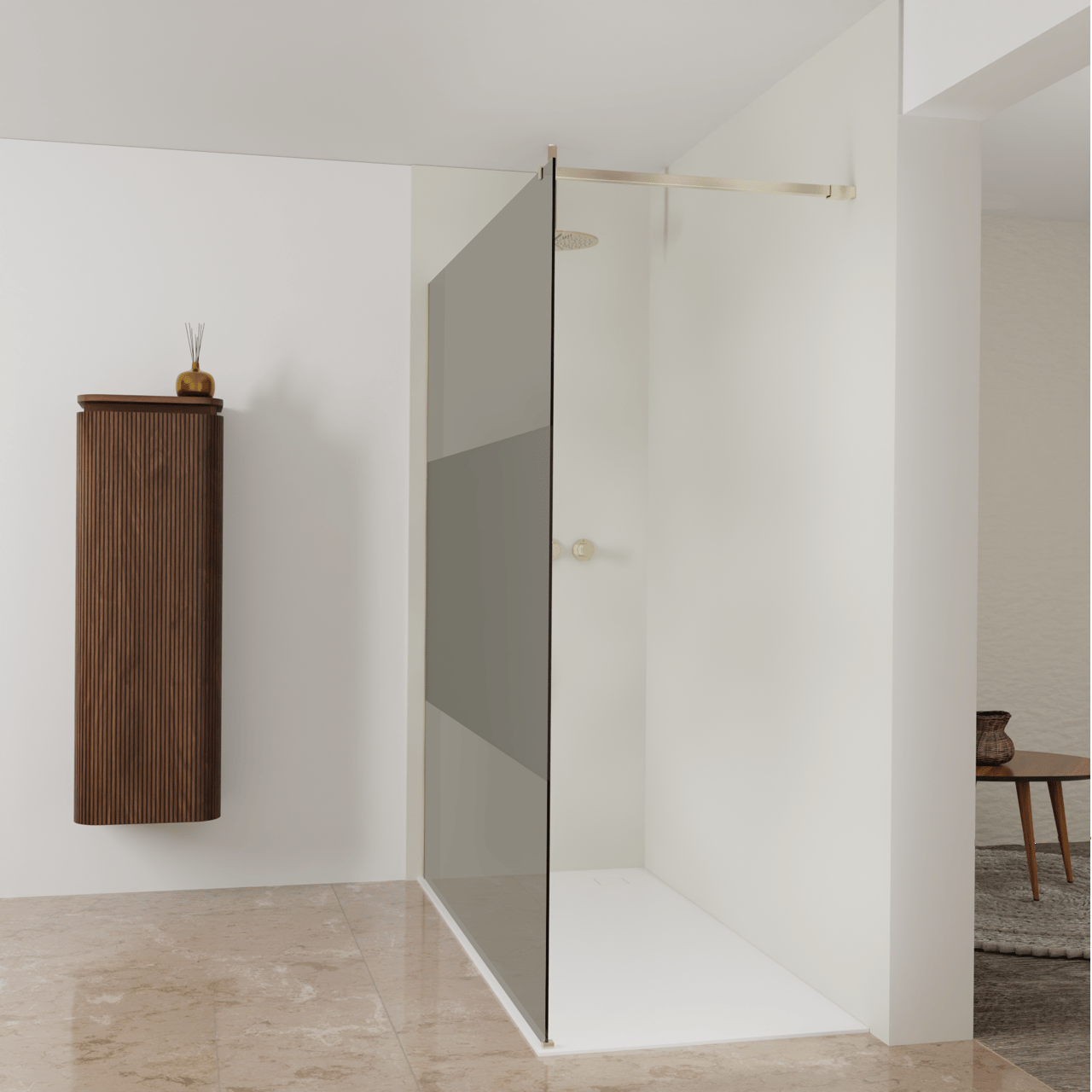 Balmani Modular Walk-In Dusche: 180 x 200 cm, Rauchglas mit mattiertem Streifen, Profil Brushed Champagne Gold