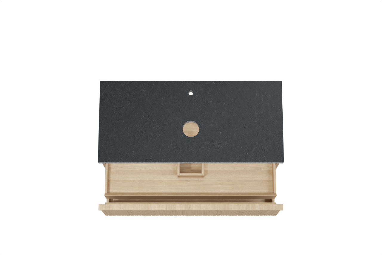 Balmani Forma meuble salle de bains suspendu 120 x 55 cm chêne naturel avec Rock tablette simple en granit noir, Nervure circulaire asymétrique verticale