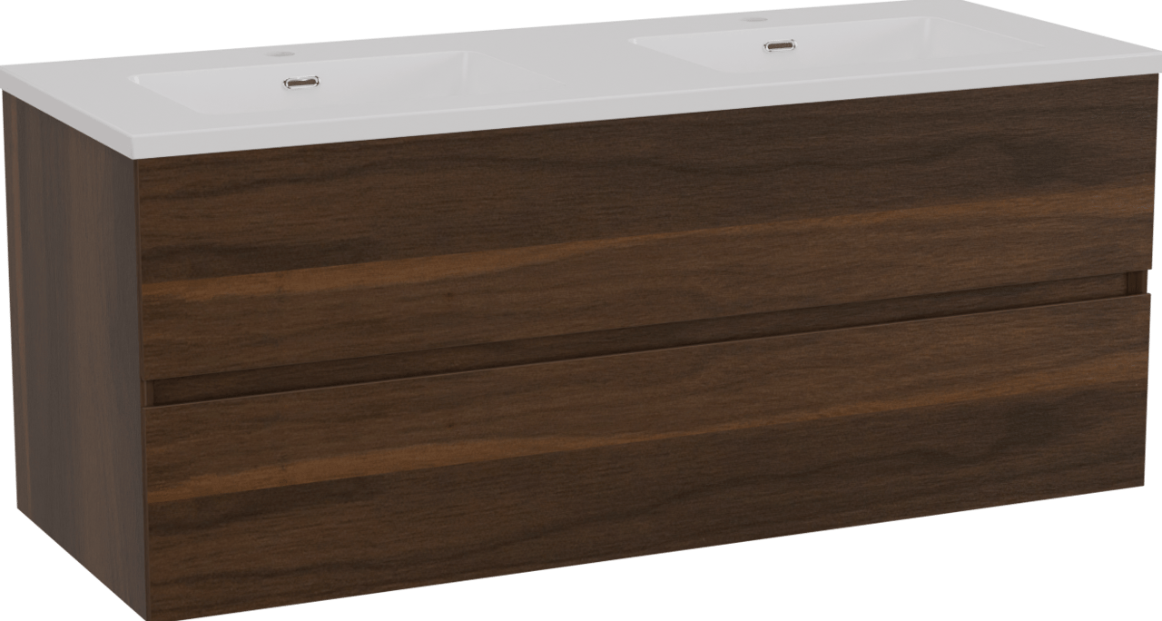 Storke Edge zwevend badkamermeubel 120 x 46 cm notelaar met Diva dubbele wastafel in composietmarmer glanzend wit