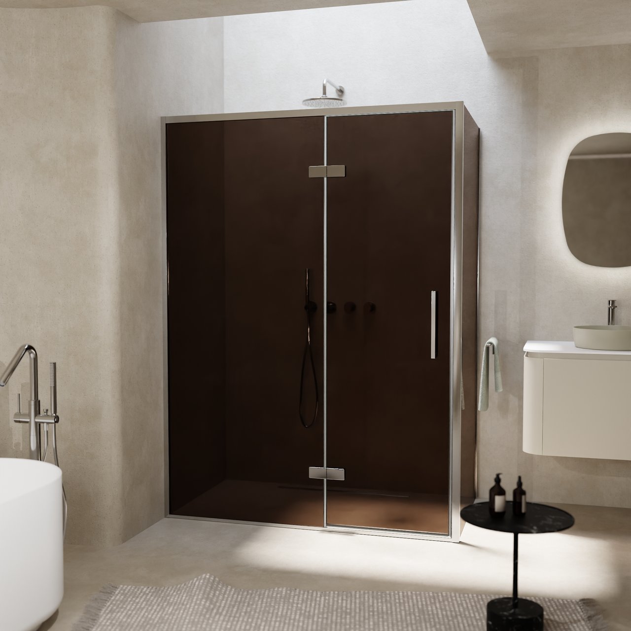 Balmani Senses Design douchehoek met linkse draaideur en vaste zijwand, 140 x 100 cm, Brons, Chroom profielen, met coating