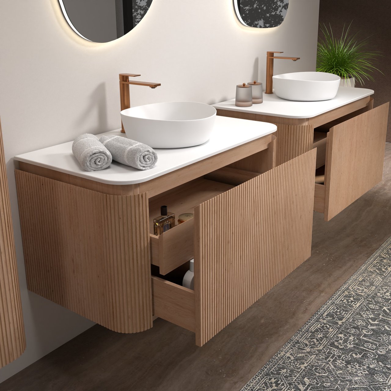 Balmani Moon zwevend badkamermeubel 100 x 55 cm natuur eik met Moon enkel tablet in solid surface mat wit, Verticale symmetrische rechte ribbel