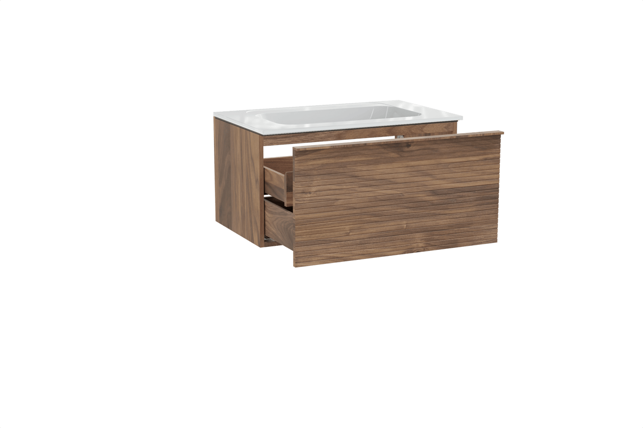 Balmani Forma hängendes Möbelstück Set: 90 x 55 cm, Amerikanischer Nussbaum, mit Tablo Strada Einzelwaschtisch, Marmorkomposit, Weiß glänzend, Horizontale symmetrische gerade Rippe