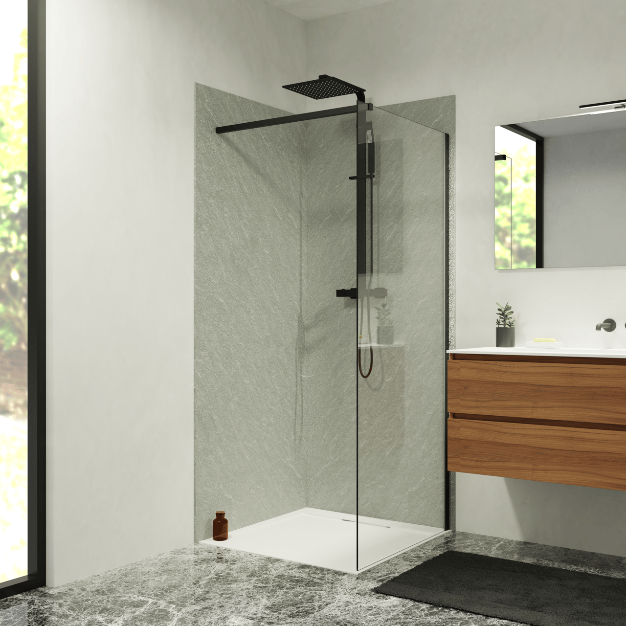 Balmani Zeno set douchewandbekleding 90 x 90 x 260 cm composietmarmer lichtgrijs leisteenstructuur