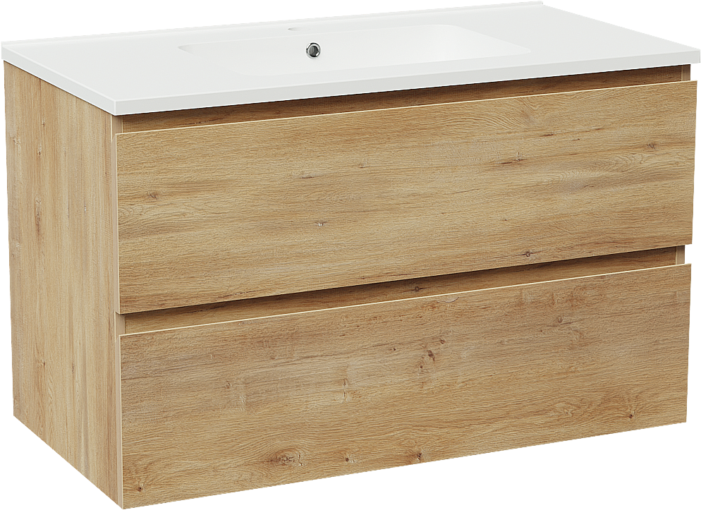 Linie Lado meuble salle de bains suspendu 90 x 46 cm chêne naturel avec Vano plan simple en marbre composite blanc mat