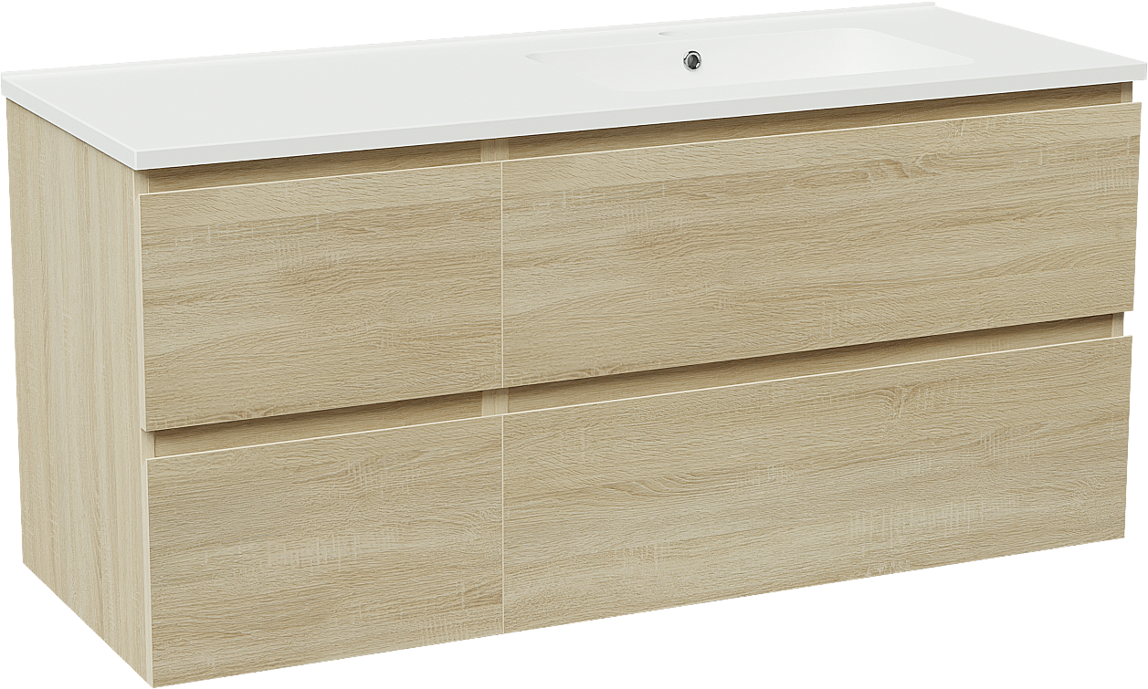 Linie Lado zwevend badmeubel 120 x 46 cm wit eiken met Vano asymmetrisch rechtse wastafel in composietmarmer mat wit