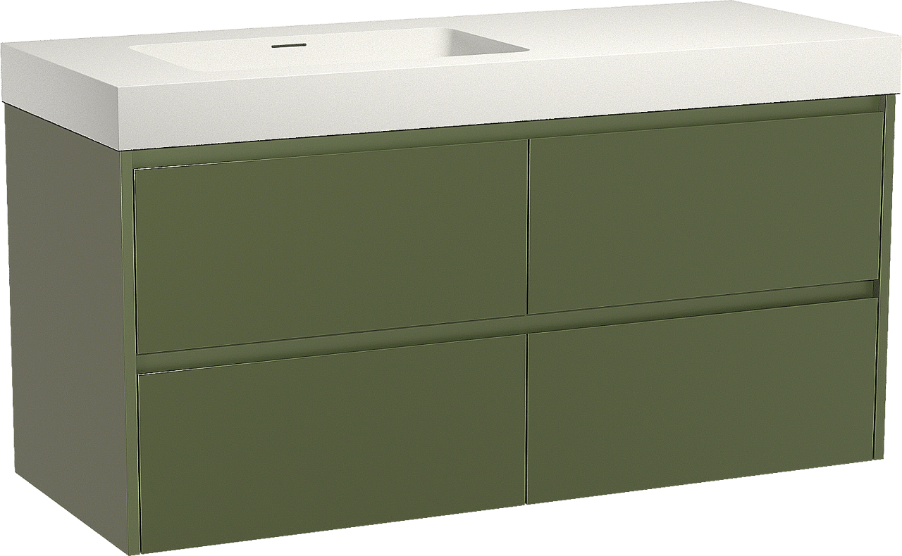 Storke Seda zwevend badkamermeubel 130 x 52 cm olijfgroen met Mata High asymmetrisch linkse wastafel in solid surface mat wit