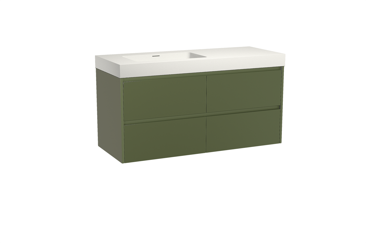 Storke Seda meuble salle de bains suspendu 130 x 52 cm vert olive avec Mata High plan vasque asymétrique à gauche en solid surface blanc mat