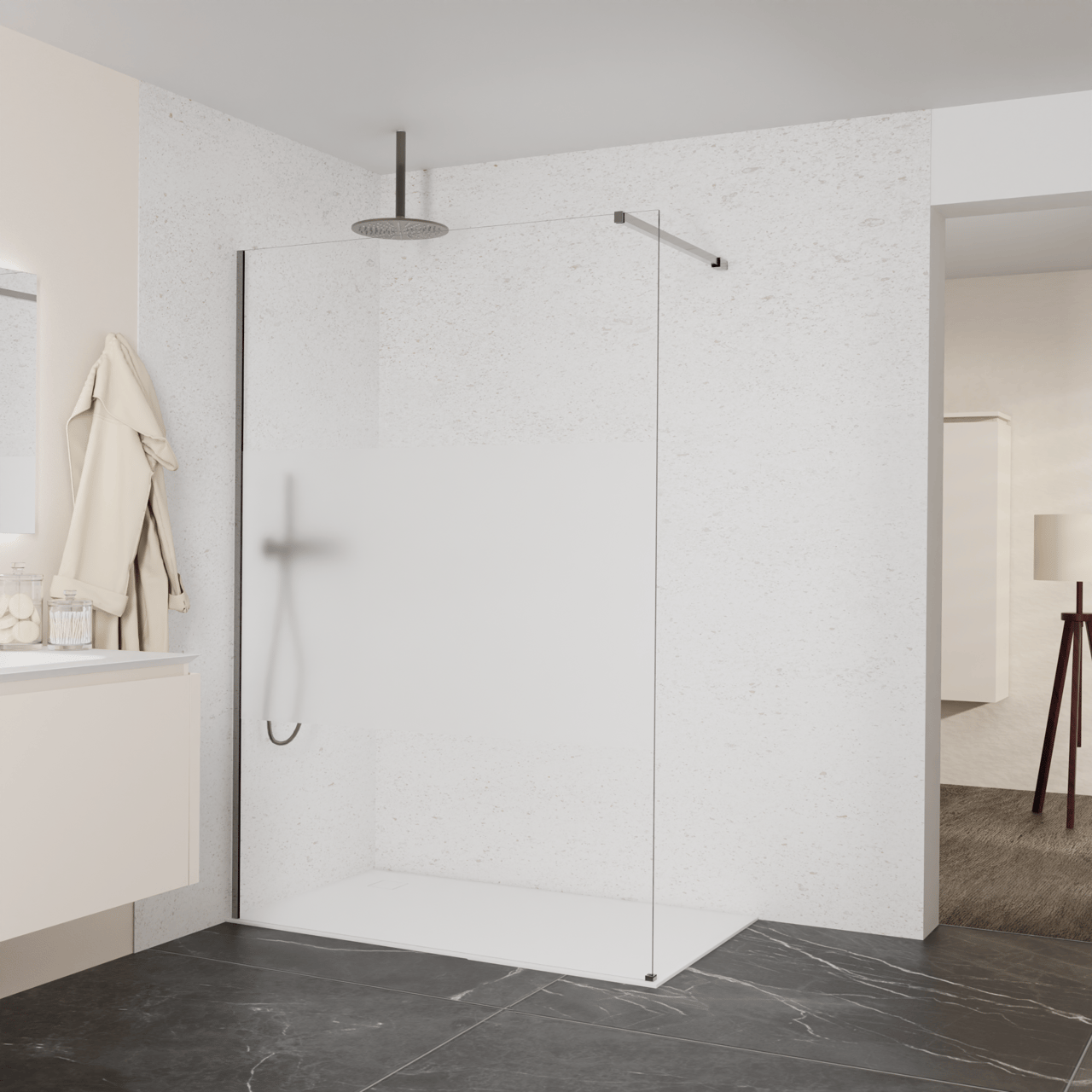 Balmani Modular douche à l'italienne: 140 x 200 cm, Verre transparent avec bande mate, Profil Brushed GunMetal