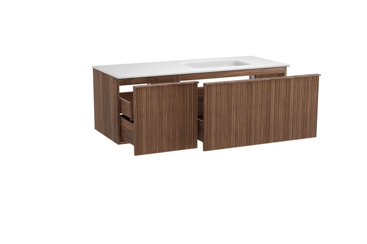 Balmani Forma zwevend badmeubel 135 x 55 cm amerikaans notenhout met Tablo Arcato asymmetrisch rechtse wastafel in solid surface mat wit, Verticale asymmetrische ronde ribbel