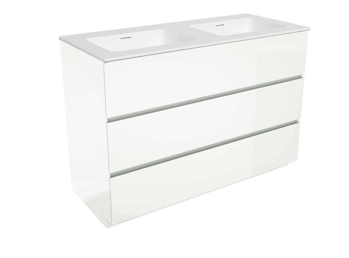 Storke Edge freistehendes Möbelstück Set: 120 x 52 cm, Weiß glänzend, mit Mata Doppelwaschtisch, Solid Surface Weiß matt