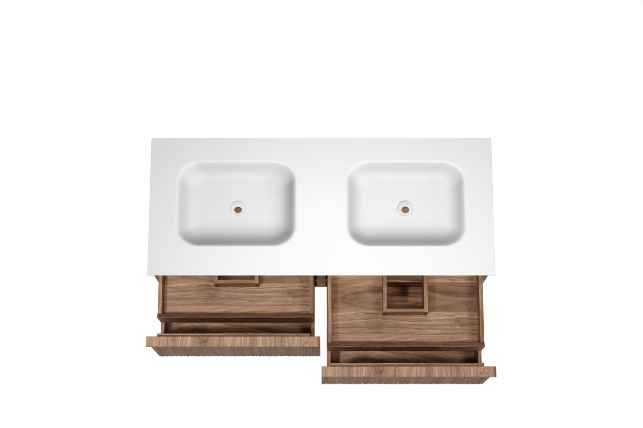 Balmani Forma meuble salle de bains suspendu 135 x 55 cm noyer américain avec Tablo Arcato double vasque en solid surface blanc mat, Nervure circulaire asymétrique verticale