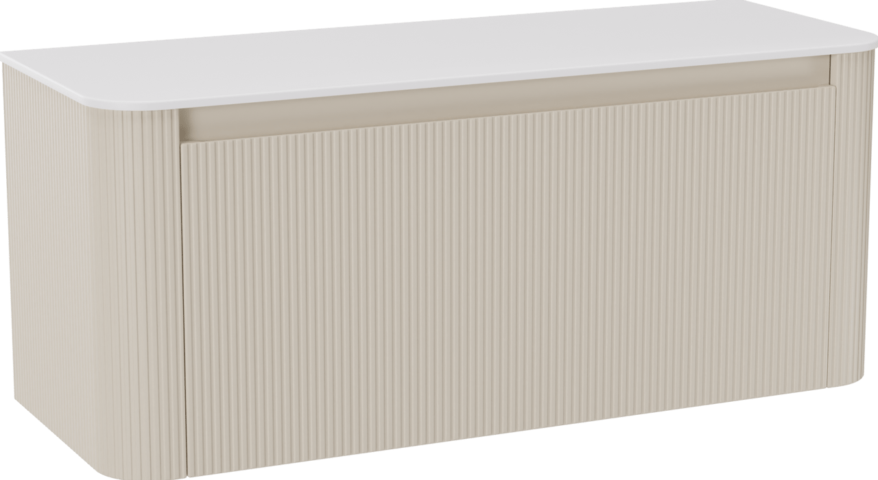Storke Soft meuble salle de bains suspendu 120 x 46 cm Sand mat avec Tavola Soft tablette simple ou double vasque en Solid Surface blanc mat, Nervure droite symétrique verticale