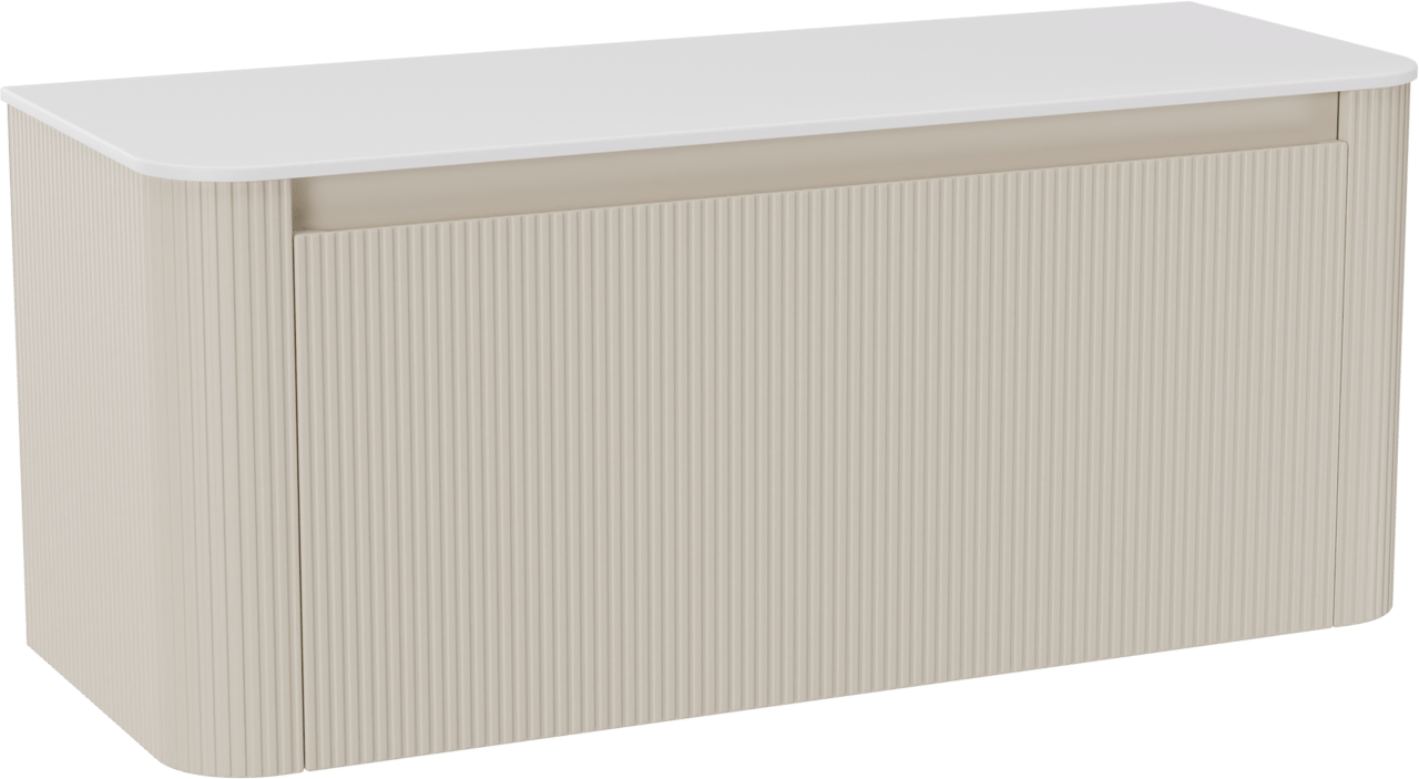 Storke Soft zwevend badkamermeubel 120 x 46 cm Sand mat met Tavola Soft enkele of dubbele tablet in solid surface mat wit, Verticale symmetrische rechte ribbel