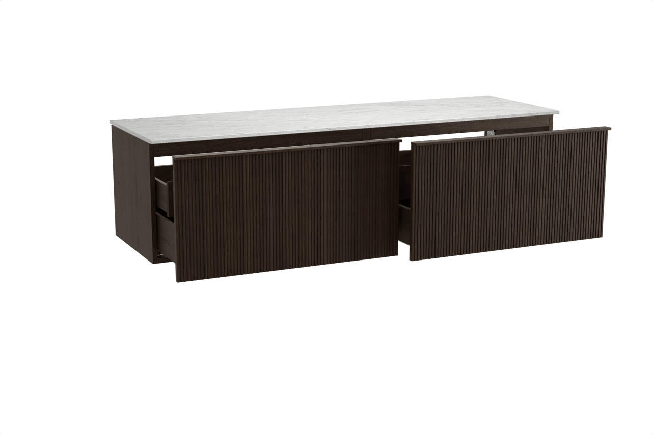 Balmani Forma zwevend badkamermeubel 180 x 55 cm gerookte eik met Stretto enkel of dubbel tablet in marmer carrara, Verticale symmetrische rechte ribbel