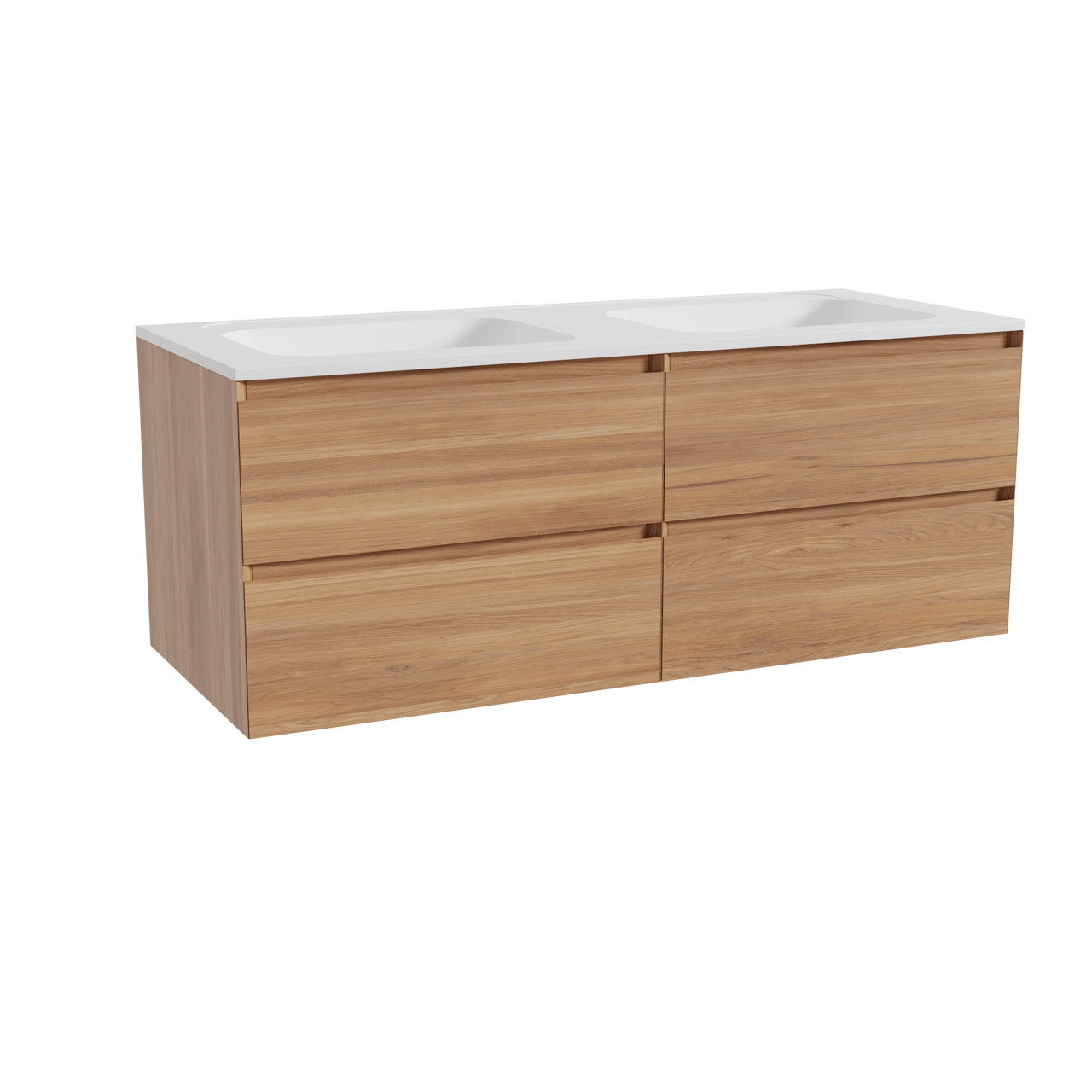 Balmani Mitra hängendes Möbelstück Set: 135 x 55 cm, Teak, mit Tablo Strada Doppelwaschtisch, Marmorkomposit Weiß matt