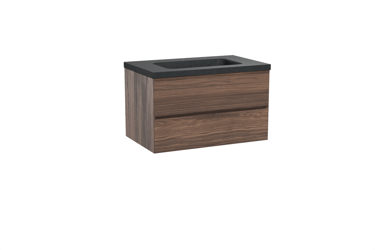 Balmani Mitra hängendes Möbelstück Set: 90 x 55 cm, Nussbaum, mit Napoli Einzelwaschtisch, Schwarzes Granit