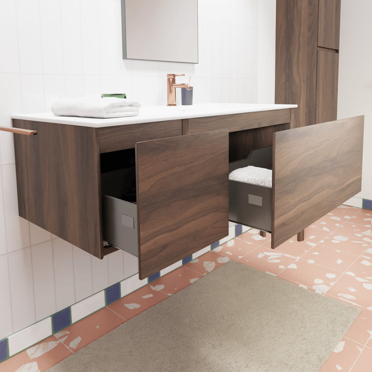 Storke Edge meuble salle de bains suspendu 120 x 52 cm noyer avec Diva vasque asymétrique droite en marbre composite blanc brillant