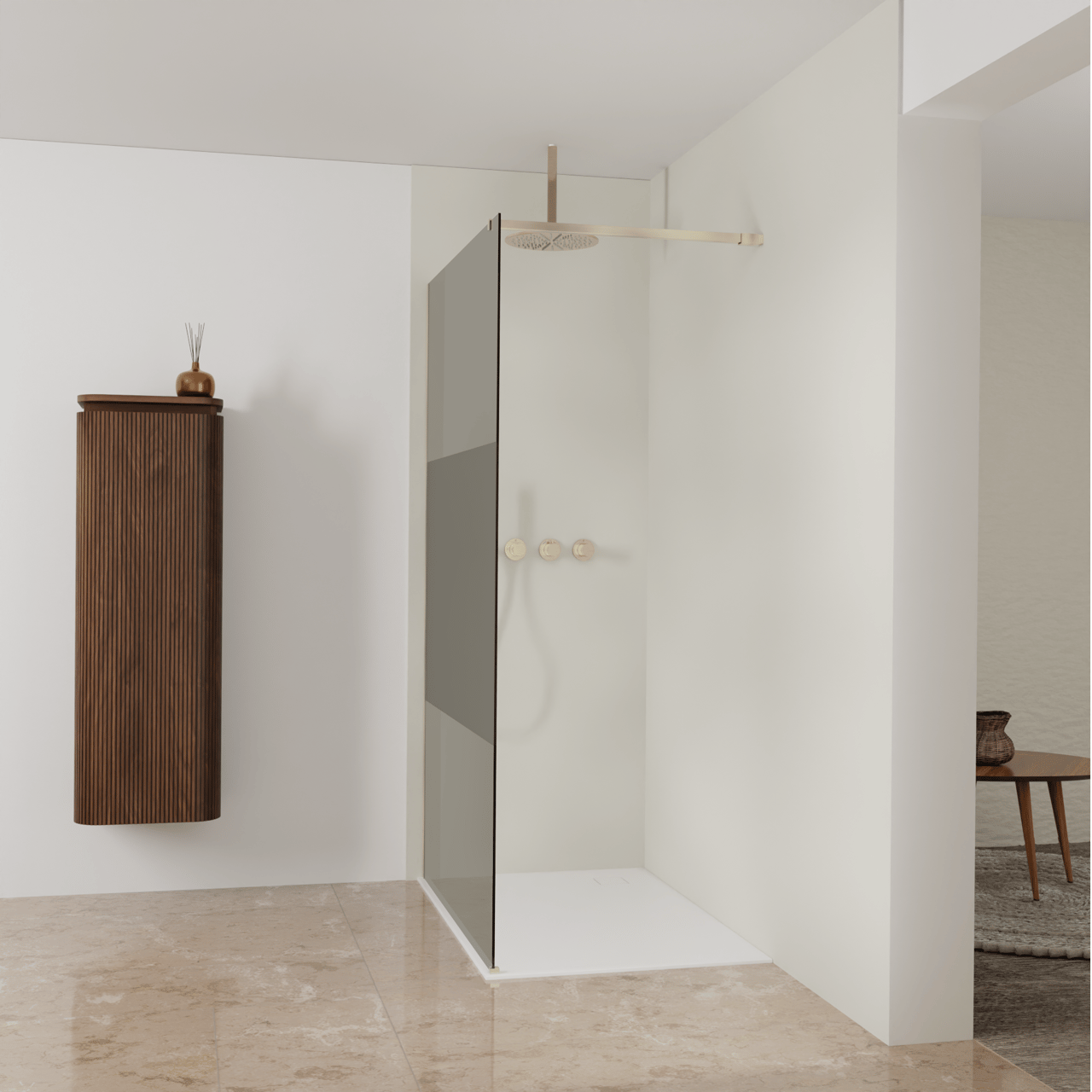 Balmani Modular inloopdouche: 120 x 200 cm, Rookglas met matte strook, Brushed Champagne Gold profielen