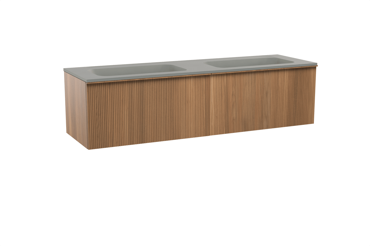 Balmani Forma hängendes Möbelstück Set: 180 x 55 cm, Teak, mit Tablo Strada Doppelwaschtisch, Marmorkomposit, Seidengrau, Vertikale symmetrische gerade Rippe