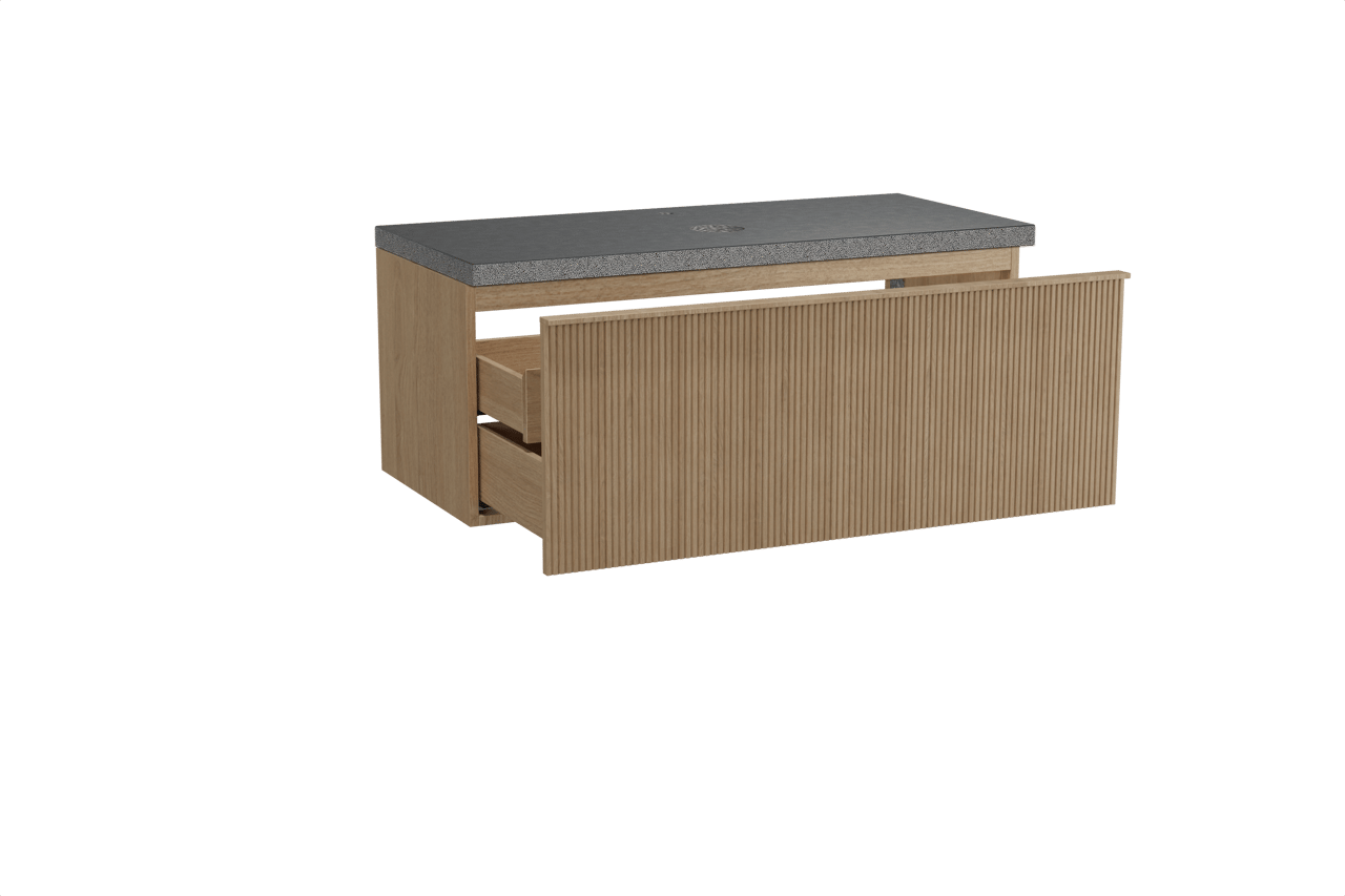 Balmani Forma meuble salle de bains suspendu 120 x 55 cm chêne naturel avec Rock tablette simple en granit noir, Nervure gauche symétrique verticale