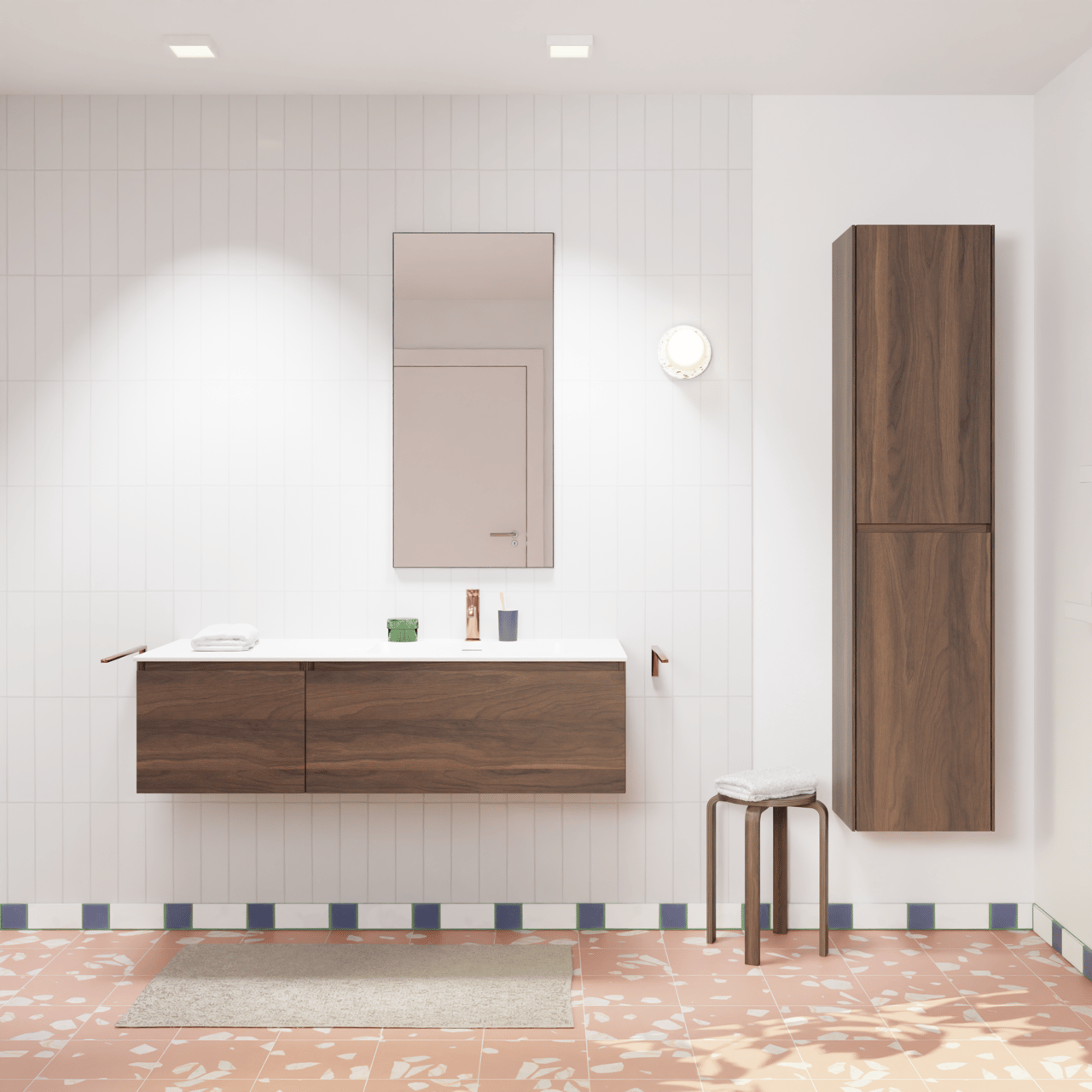 Storke Edge hängendes Möbelstück Set: 130 x 52 cm, Nussbaum, mit Mata Waschtisch rechts, Solid Surface Weiß matt