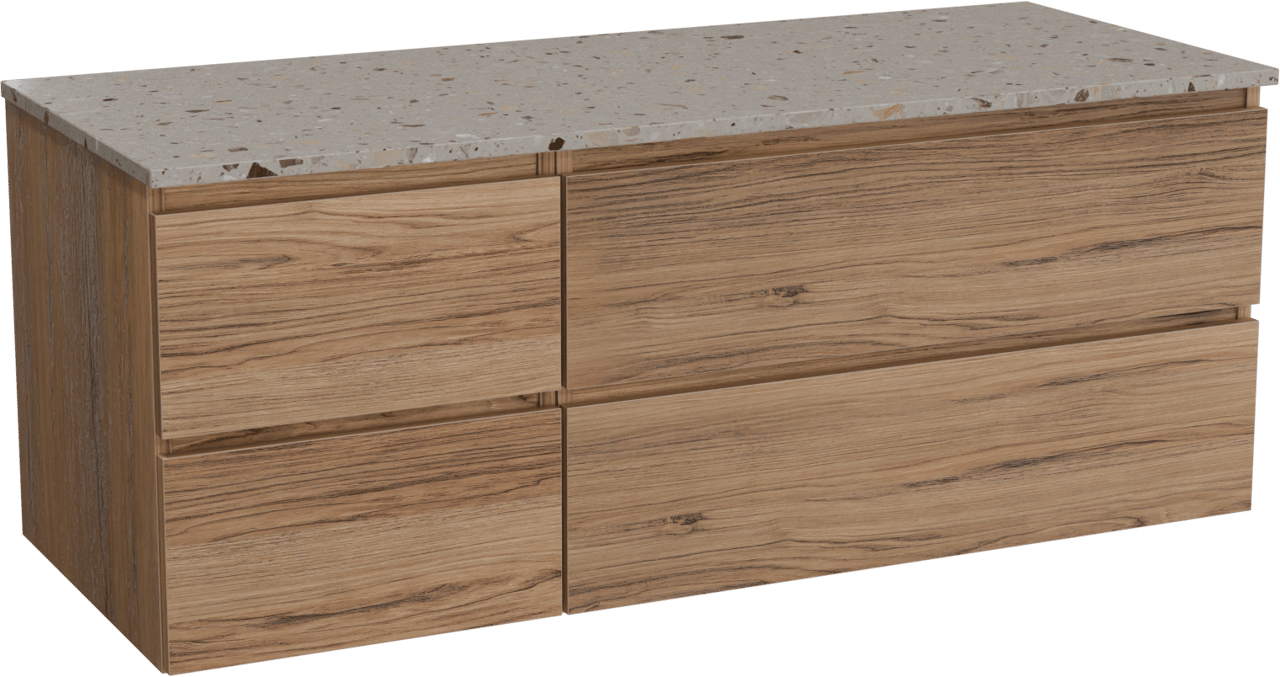 Balmani Lucida zwevend badkamermeubel 135 x 55 cm teak met Stretto enkel of dubbel tablet in terrazzo greige terrazzo