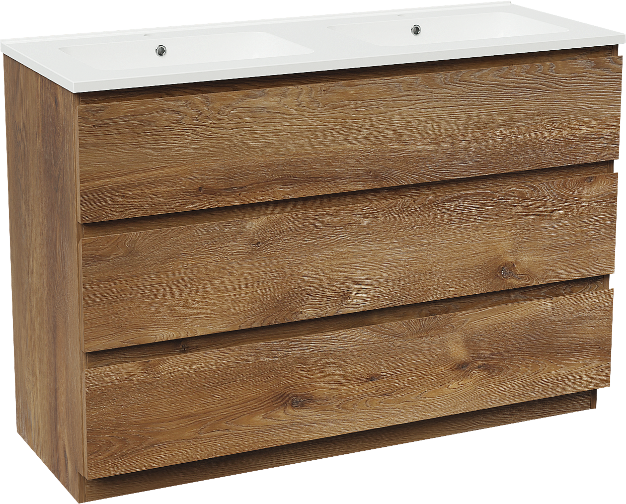 Linie Lado freistehendes Möbelstück Set: 120 x 46 cm, Braune Eiche, mit Vano Doppelwaschtisch, Marmorkomposit Weiß glänzend