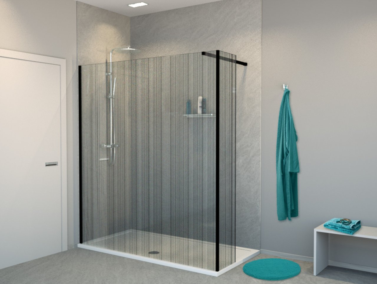 Balmani Modular Walk-In-Dusche mit fester Seitenwand 180 x 200 cm, Strichcode schwarz Glas , Profil schwarz matt