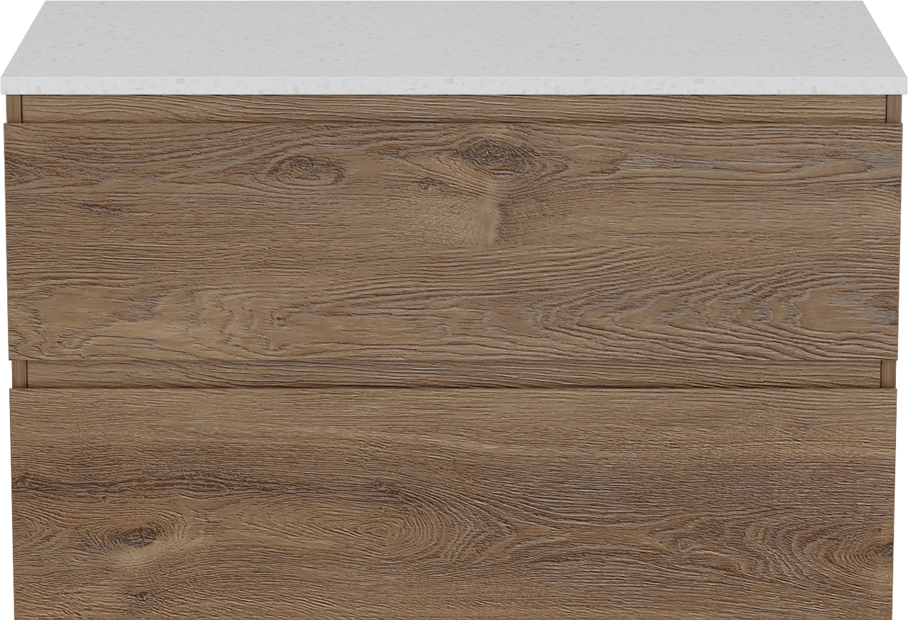 Linie Lado meuble salle de bains suspendu 90 x 46 cm chêne brun avec Lado tablette simple en mélaminé terrazzo blanc