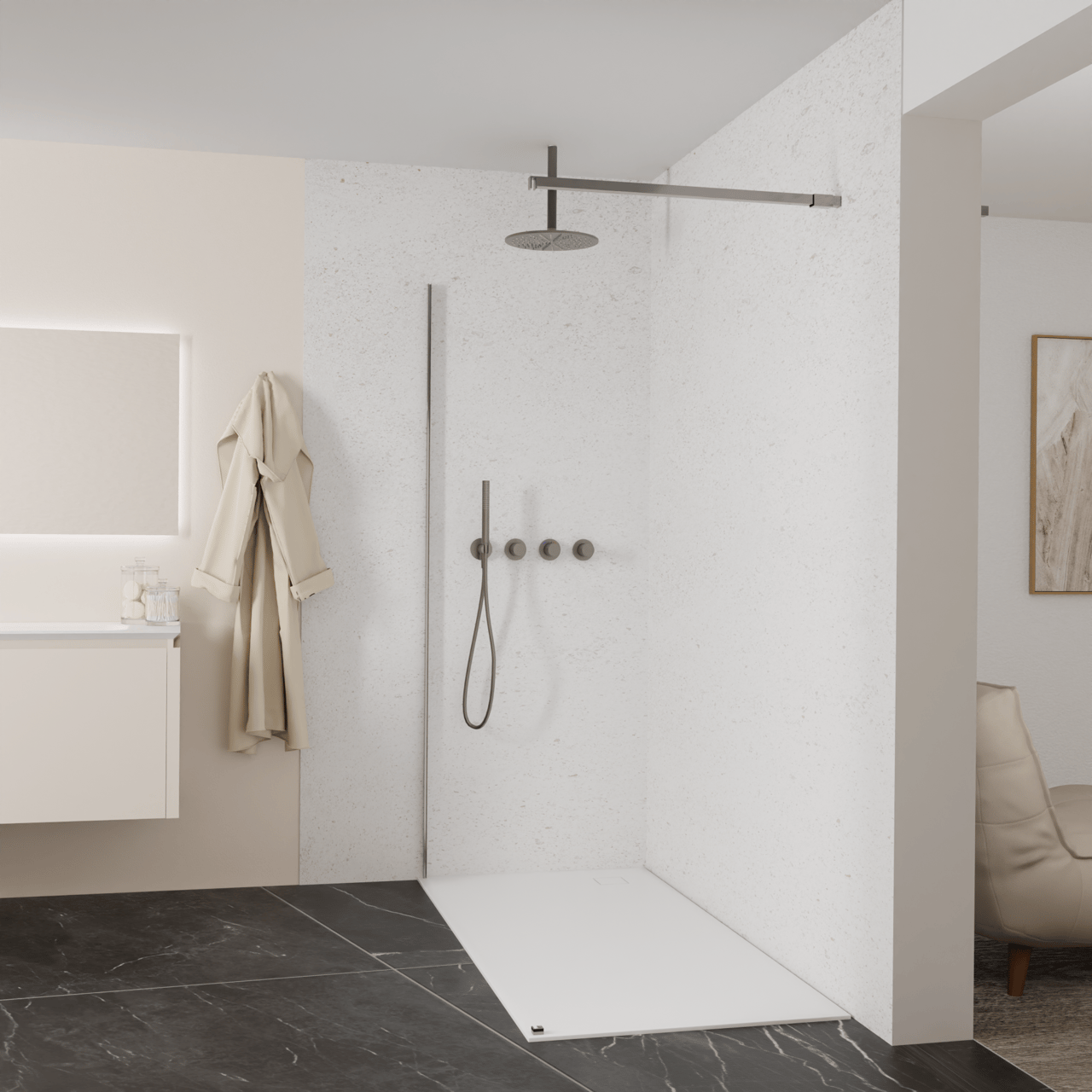 Balmani Modular douche à l'italienne: 170 x 200 cm, Verre transparent, avec coating, Profil Brushed GunMetal