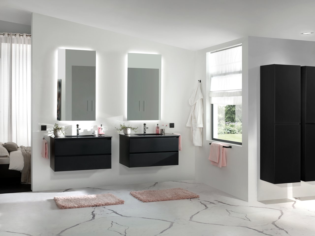 Balmani Mitra hängender Waschbeckenunterschrank: 90 x 55 cm, Schwarz Matt, 2 Schubladen