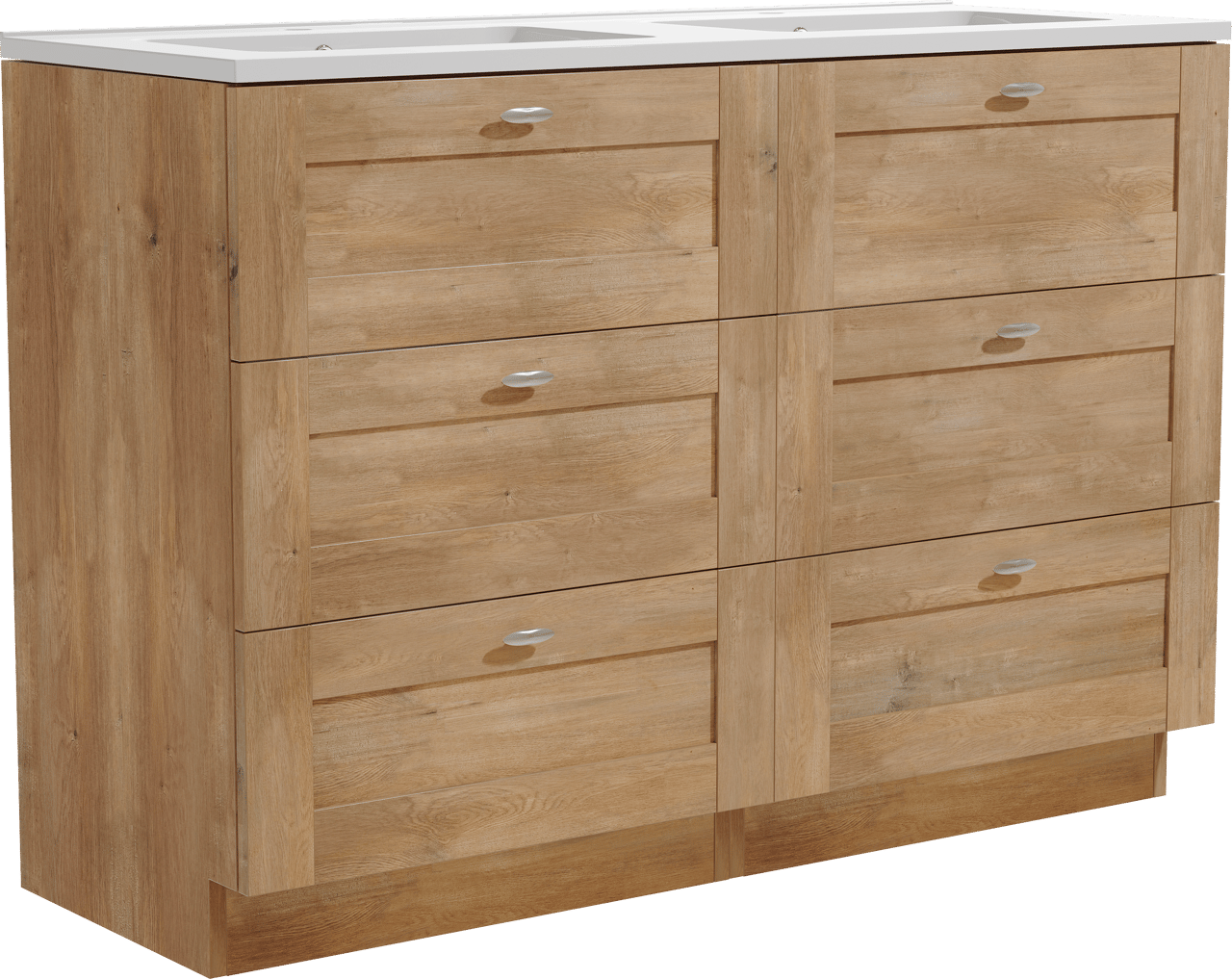 Linie Classo freistehendes Möbelstück Set: 120 x 46 cm, Naturbelassene Eiche, mit Vano Doppelwaschtisch, Marmorkomposit Weiß glänzend