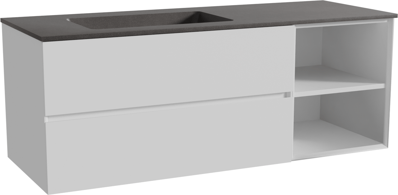 Storke Edge zwevend badmeubel 140 x 52 cm mat wit met Scuro asymmetrisch linkse wastafel in kwarts mat zwart