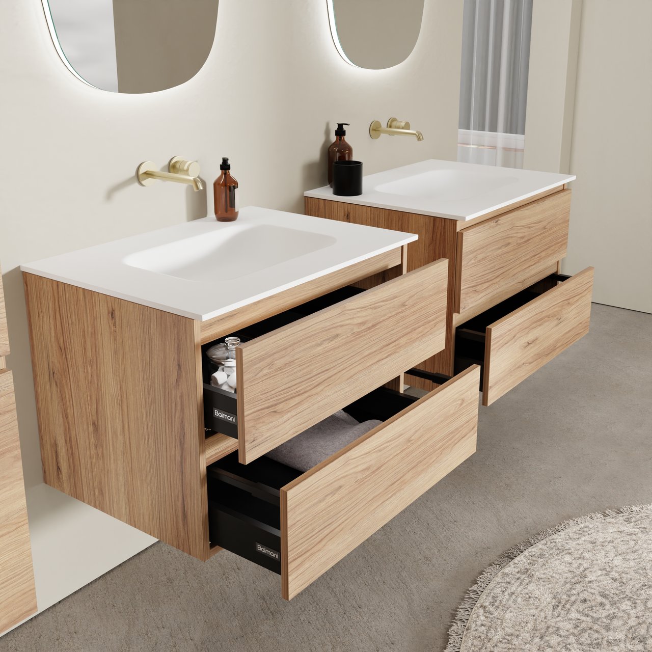 Balmani Lucida hängendes Möbelstück Set: 75 x 55 cm, Teak, mit Tablo Arcato Einzelwaschtisch, Solid Surface Weiß matt