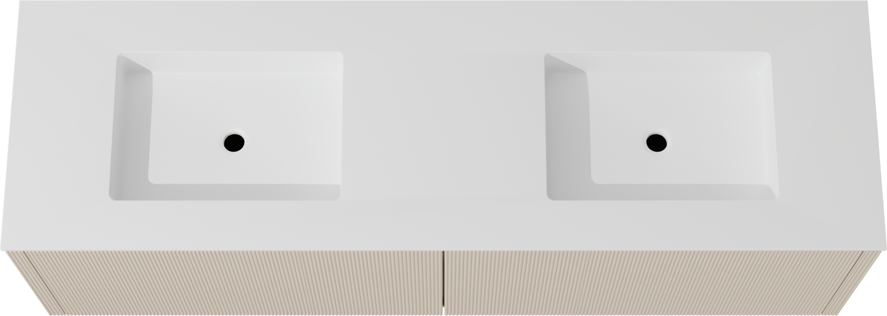 Balmani Eclips hängendes Möbelstück Set: 180 x 55 cm, Sandbeige, mit Tablo Stretto Doppelwaschtisch Solid Surface Weiβ matt, Vertikale symmetrische gerade Rippe