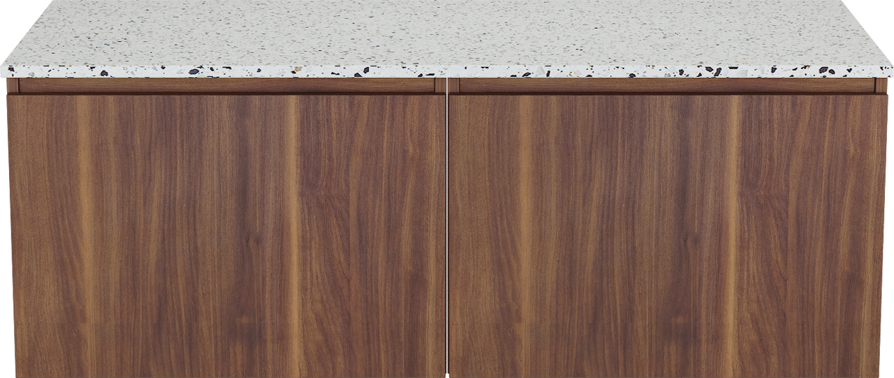 Balmani Sfera meuble salle de bains suspendu 135 x 55 cm noyer américain avec Stretto tablette simple ou double en blanc/noir mat terrazzo