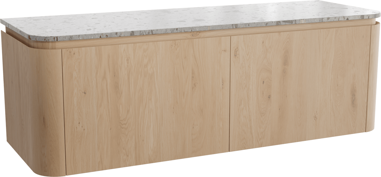 Balmani Moon hängendes Möbelstück Set: 160 x 55 cm, Naturbelassene Eiche, mit Moon Einzel- oder Doppel Waschtischplatte, Terrazzo in Greige