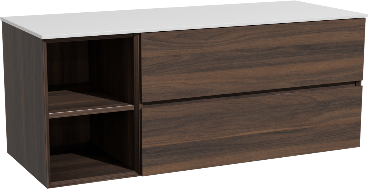 Storke Edge zwevend badkamermeubel 130 x 52 cm notelaar met Tavola enkel of dubbel tablet in solid surface mat wit