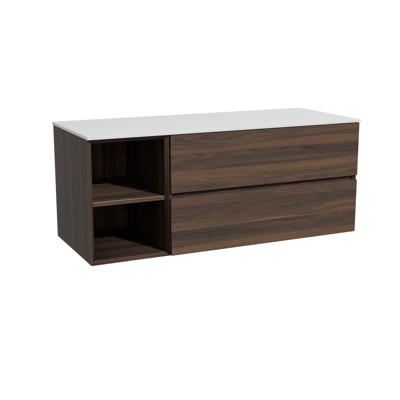 Storke Edge zwevend badmeubel 130 x 52 cm notenhout met Tavola enkel of dubbel wastafelblad in solid surface mat wit