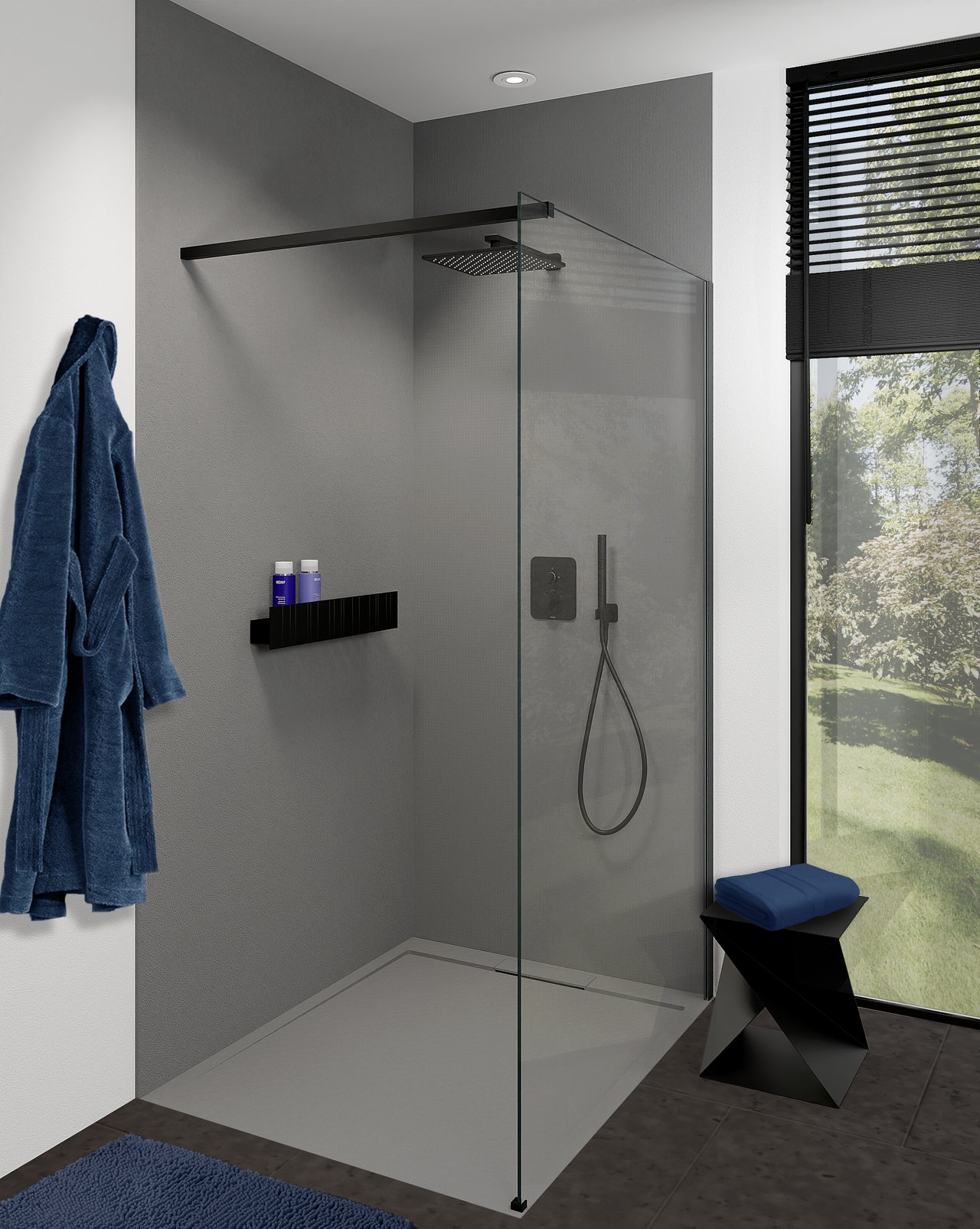 Balmani Zeno douchewandbekleding 120 x 120 x 260 cm composietmarmer donkergrijs leisteenstructuur